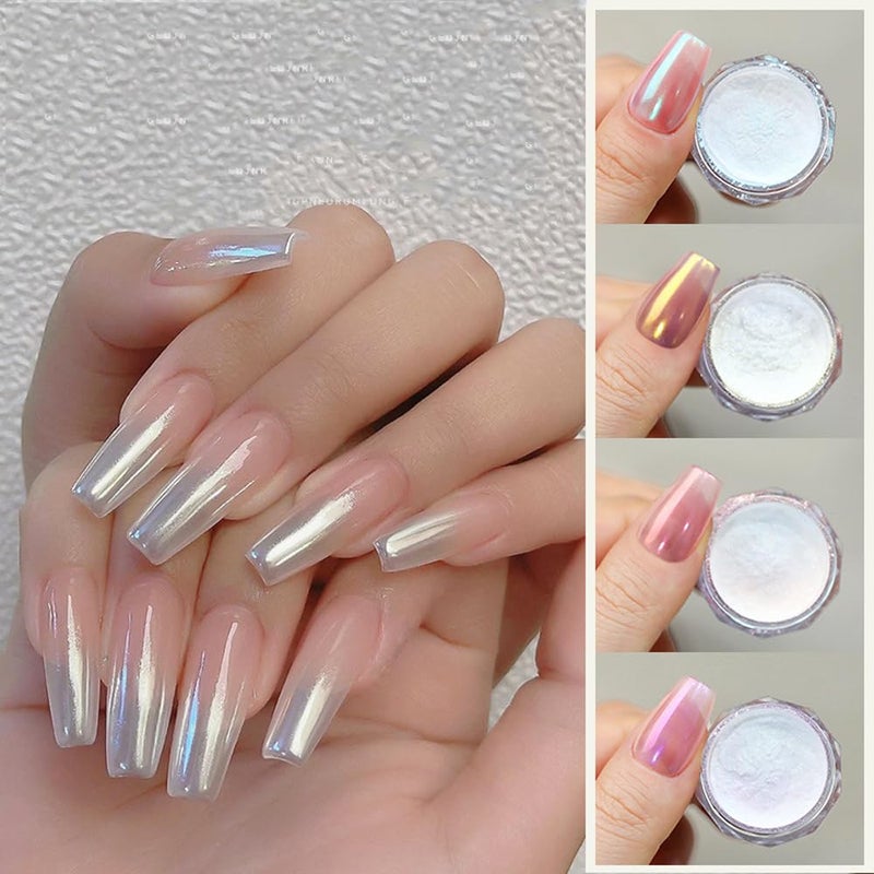 Pretty Diva 8 Colors Iridescent Pearl Chrome Nail Powder, Aurora Pearl Nails Chrome White Pearl Chrome Powder for Nails Metallic Manicure Pigment - Image 5